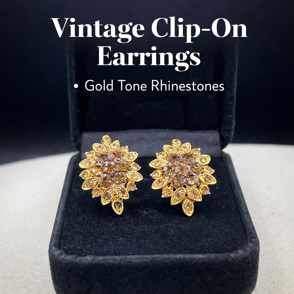 Vintage Gold Tone Rhinestone Flower Clip On Earrings Amber Sunburst